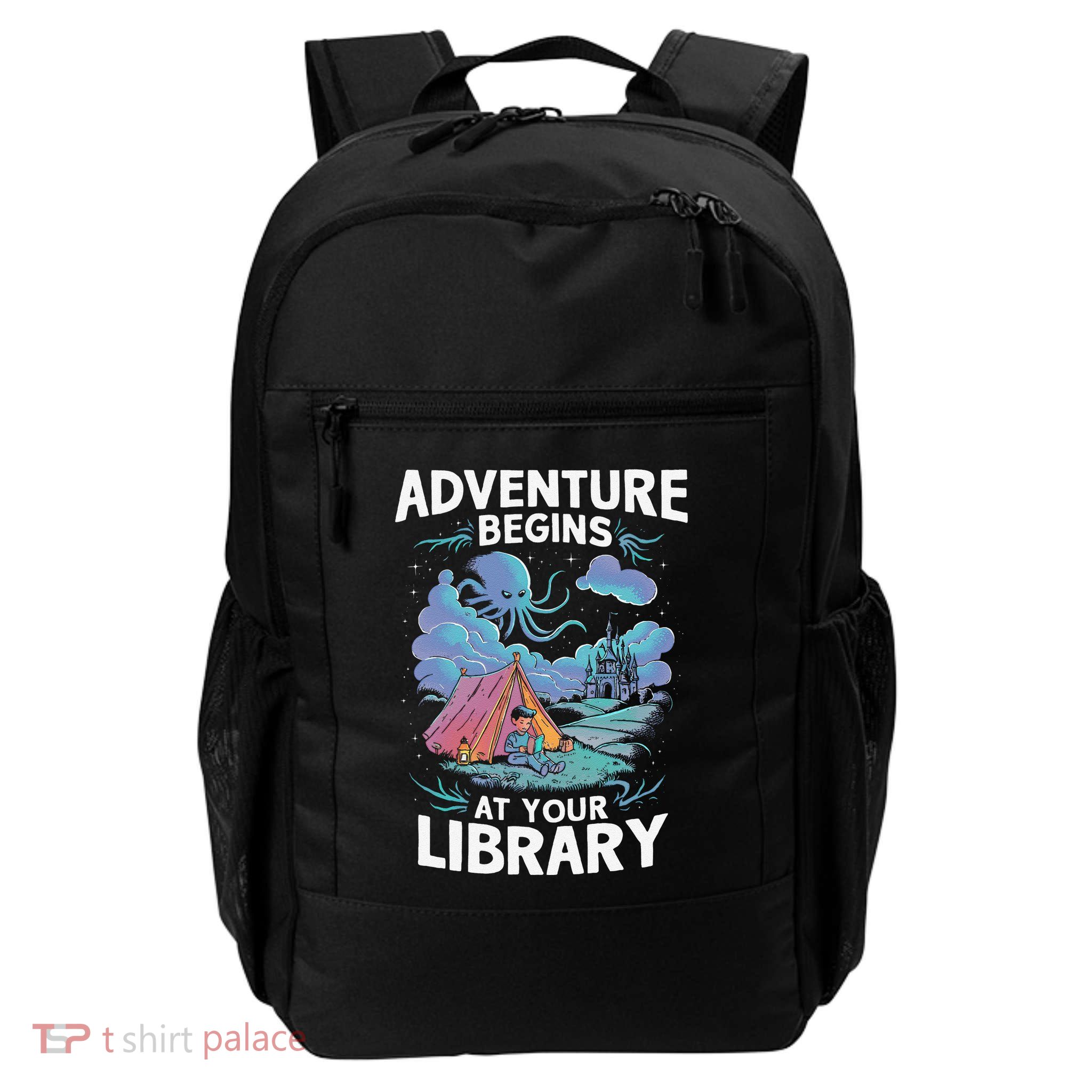 Adventure Begins At Your Library Book Lover Hiking Camping Daily Commute Backpack