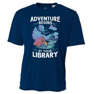 Adventure Begins At Your Library Book Lover Hiking Camping Cooling Performance Crew T-Shirt