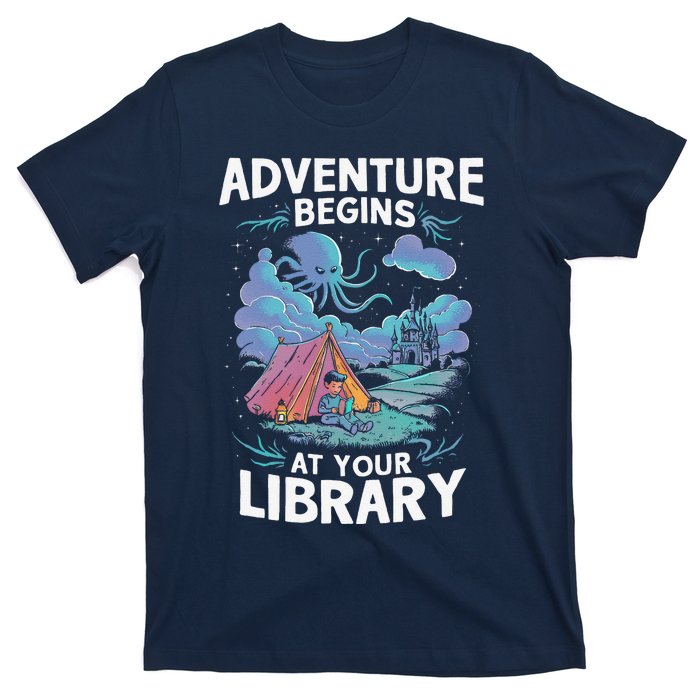 Adventure Begins At Your Library Book Lover Hiking Camping T-Shirt