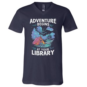 Adventure Begins At Your Library Book Lover Hiking Camping V-Neck T-Shirt