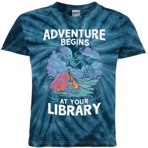 Adventure Begins At Your Library Book Lover Hiking Camping Kids Tie-Dye T-Shirt