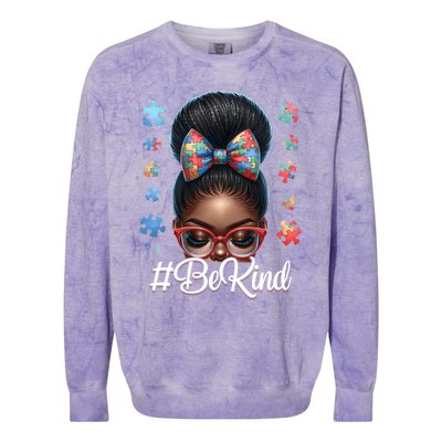 Afro Black Autism Awareness Messy Bun Be Kind Great Gift Colorblast Crewneck Sweatshirt