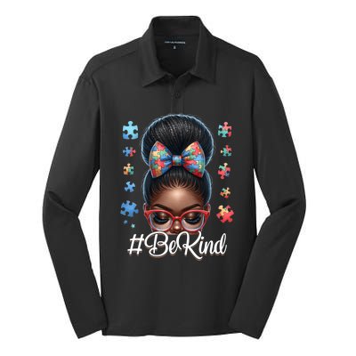 Afro Black Autism Awareness Messy Bun Be Kind Great Gift Silk Touch Performance Long Sleeve Polo