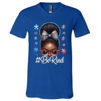 Afro Black Autism Awareness Messy Bun Be Kind Great Gift V-Neck T-Shirt