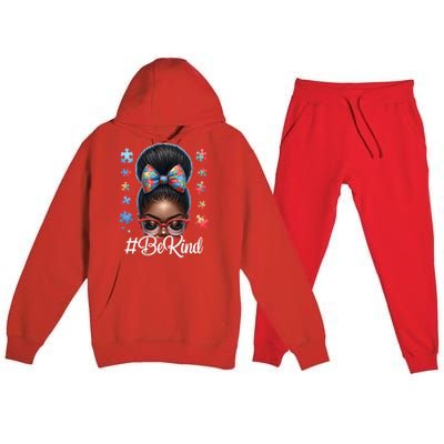 Afro Black Autism Awareness Messy Bun Be Kind Great Gift Premium Hooded Sweatsuit Set