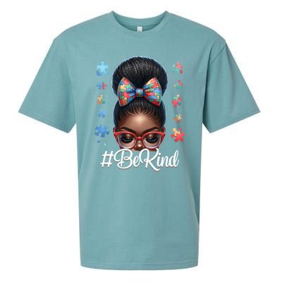 Afro Black Autism Awareness Messy Bun Be Kind Great Gift Sueded Cloud Jersey T-Shirt