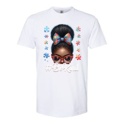 Afro Black Autism Awareness Messy Bun Be Kind Great Gift Softstyle CVC T-Shirt