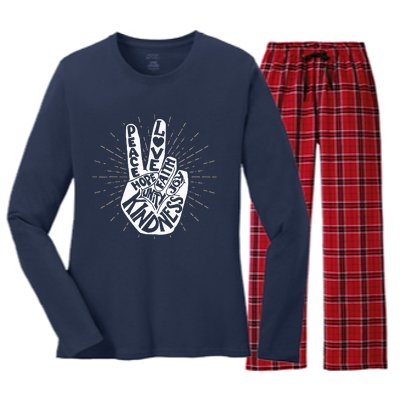 Anti Bullying Be Kind Peace Hand Sign Gift Unity Day Orange Women's Long Sleeve Flannel Pajama Set 