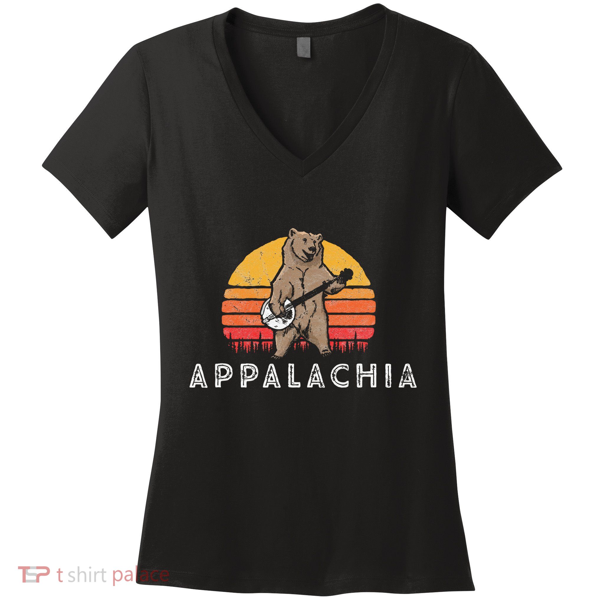 Appalachia Bluegrass Banjo Bear Women's V-Neck T-Shirt