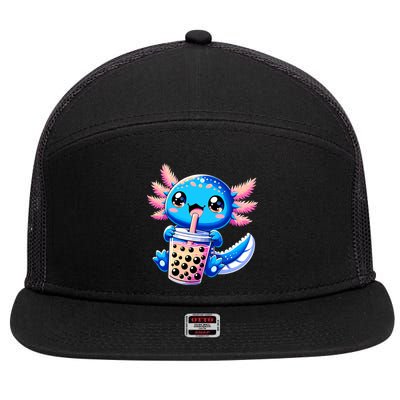 Axolotl Bubble Boba Tea Anime Cute Kawaii Blue Axolotl 7 Panel Mesh Trucker Snapback Hat