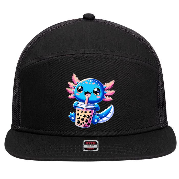 Axolotl Bubble Boba Tea Anime Cute Kawaii Blue Axolotl 7 Panel Mesh Trucker Snapback Hat