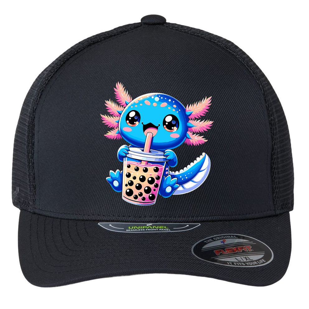 Axolotl Bubble Boba Tea Anime Cute Kawaii Blue Axolotl Flexfit Unipanel Trucker Cap