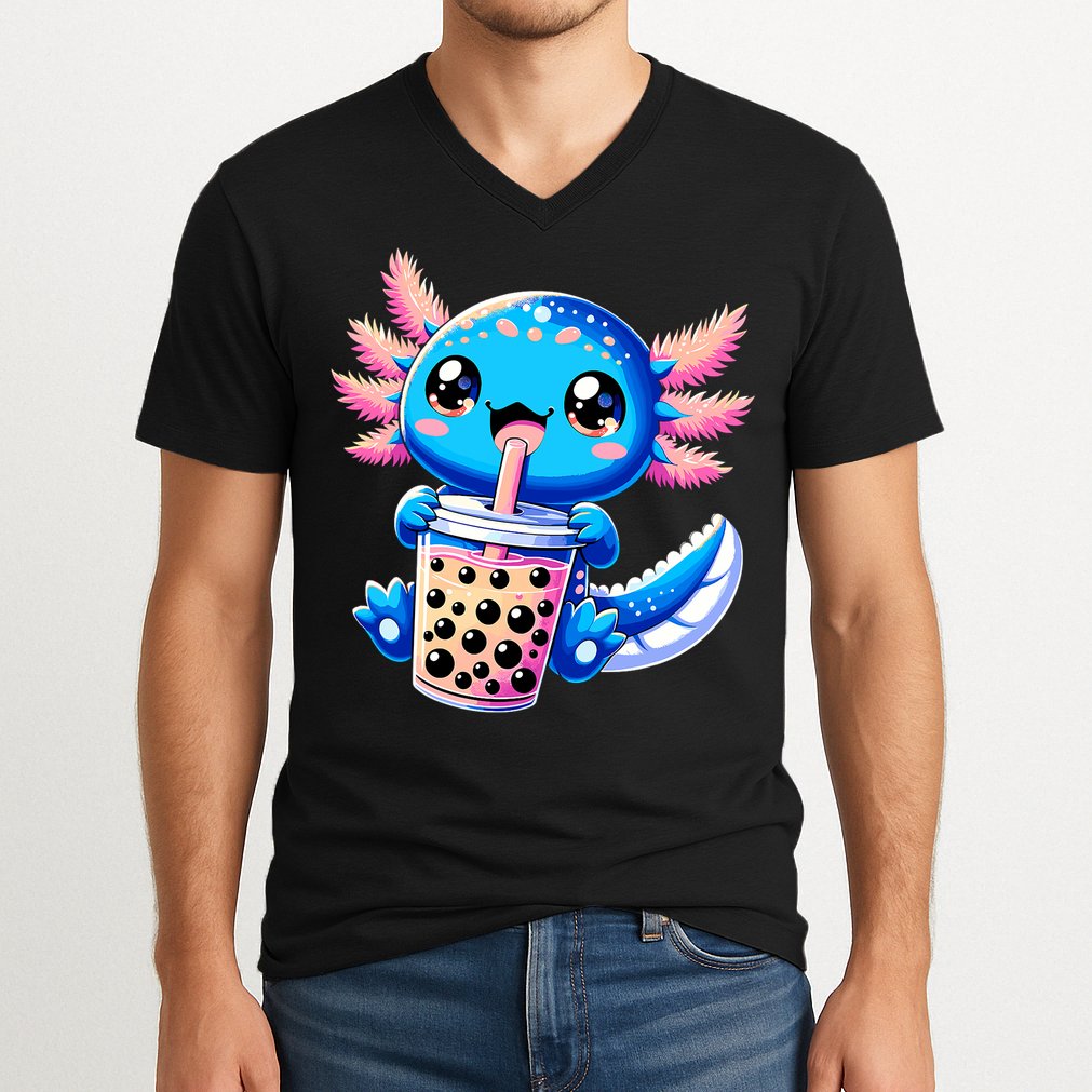 Axolotl Bubble Boba Tea Anime Cute Kawaii Blue Axolotl V-Neck T-Shirt