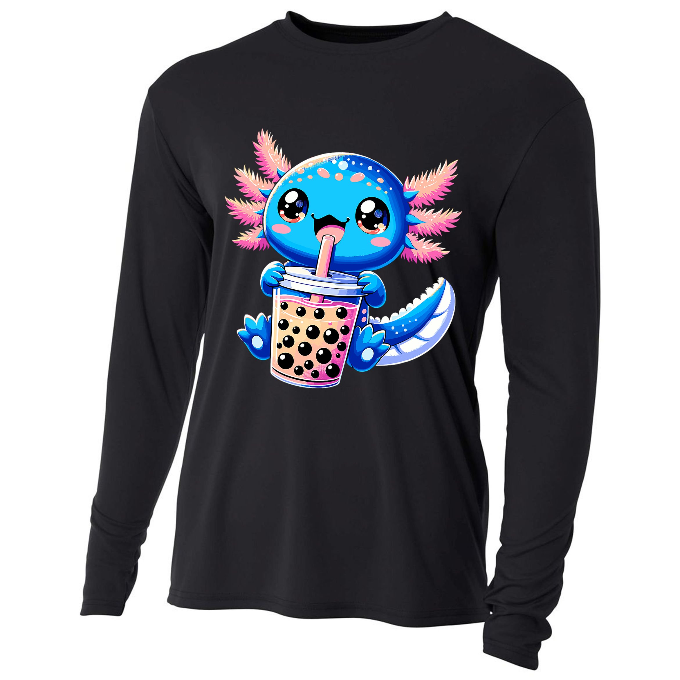 Axolotl Bubble Boba Tea Anime Cute Kawaii Blue Axolotl Cooling Performance Long Sleeve Crew