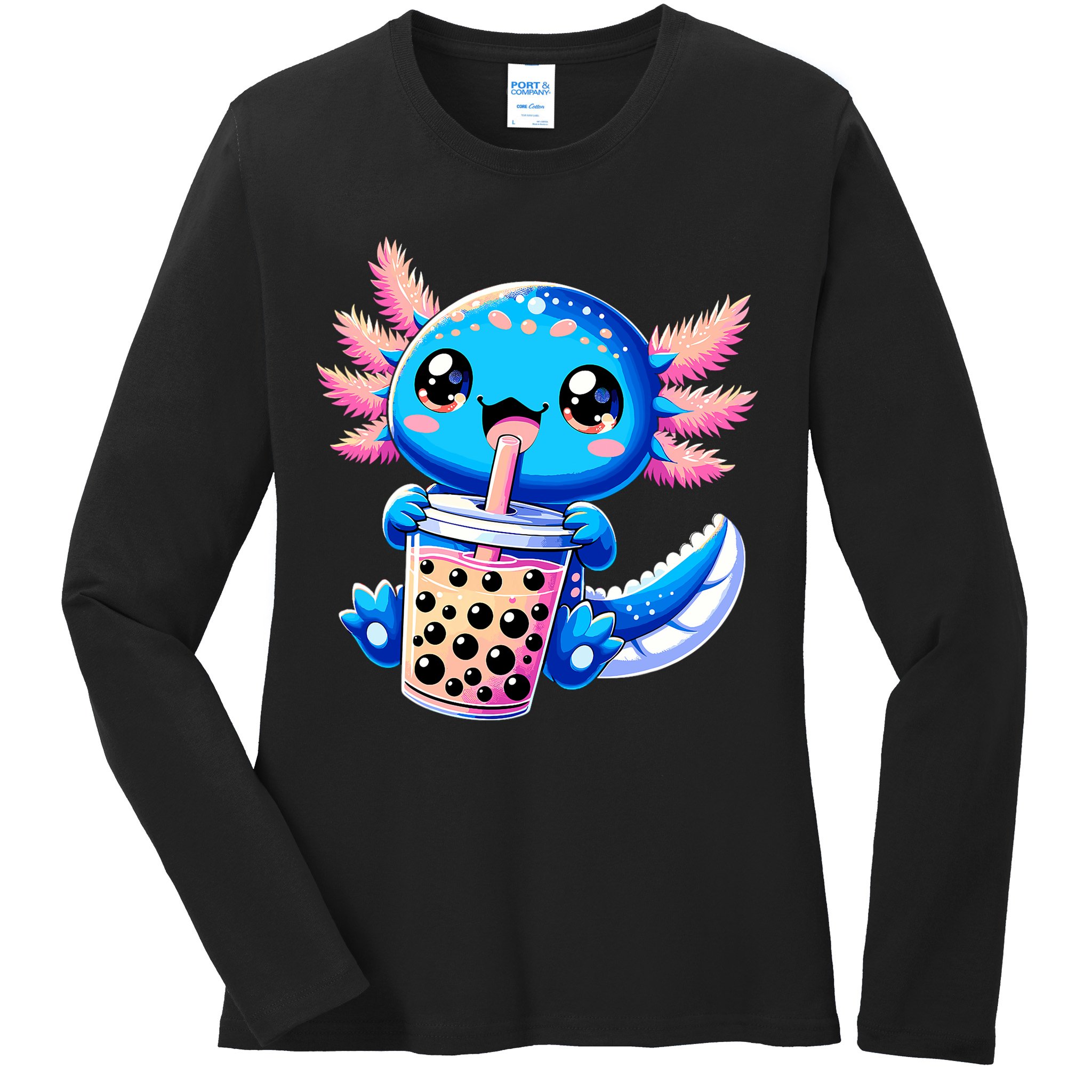 Axolotl Bubble Boba Tea Anime Cute Kawaii Blue Axolotl Ladies Long Sleeve Shirt
