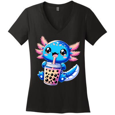 Axolotl Bubble Boba Tea Anime Cute Kawaii Blue Axolotl Women's V-Neck T-Shirt