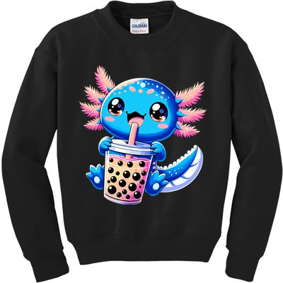 Axolotl Bubble Boba Tea Anime Cute Kawaii Blue Axolotl Kids Sweatshirt