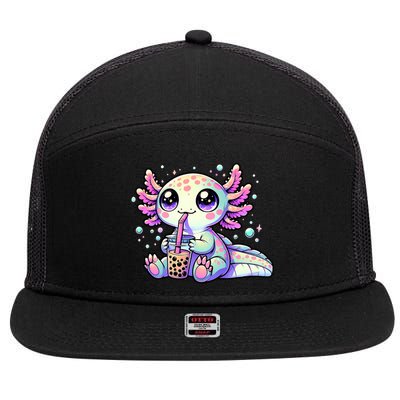 Axolotl Bubble Boba Tea Kawaii Anime Gifts Women 7 Panel Mesh Trucker Snapback Hat