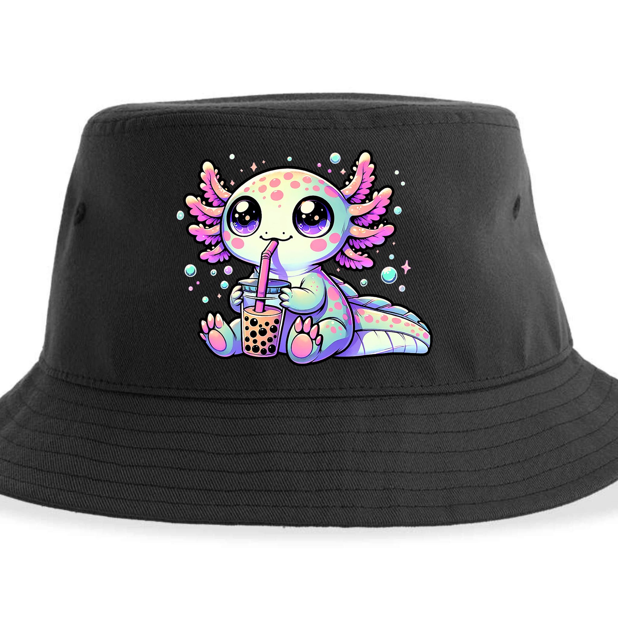 Axolotl Bubble Boba Tea Kawaii Anime Gifts Women Sustainable Bucket Hat
