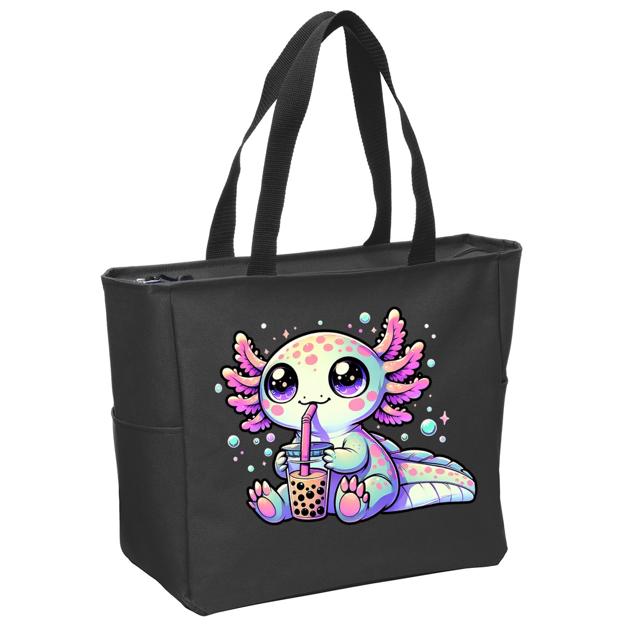 Axolotl Bubble Boba Tea Kawaii Anime Gifts Women Zip Tote Bag