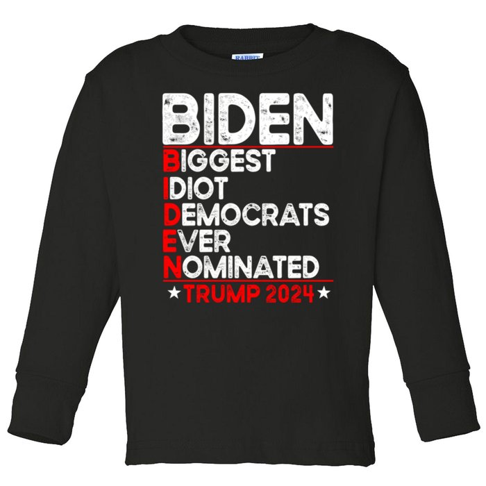 Anti Biden Biggest Idiot Democrats Ever Nominated Trump 2024 Toddler Long Sleeve Shirt