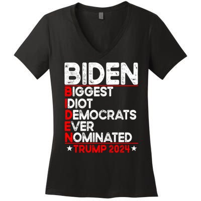 Anti Biden Biggest Idiot Democrats Ever Nominated Trump 2024 Women's V-Neck T-Shirt