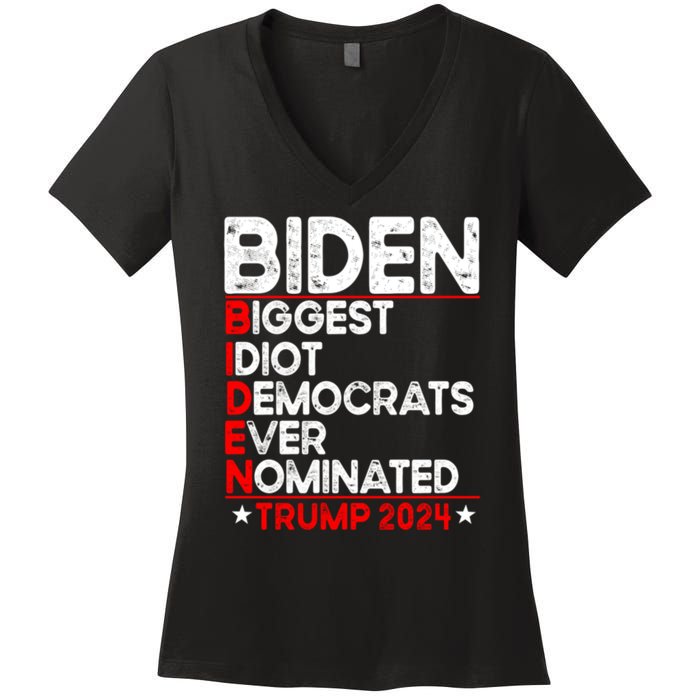 Anti Biden Biggest Idiot Democrats Ever Nominated Trump 2024 Women's V-Neck T-Shirt