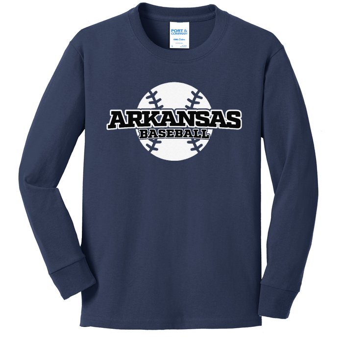 Arkansas Baseball Block Font Kids Long Sleeve Shirt