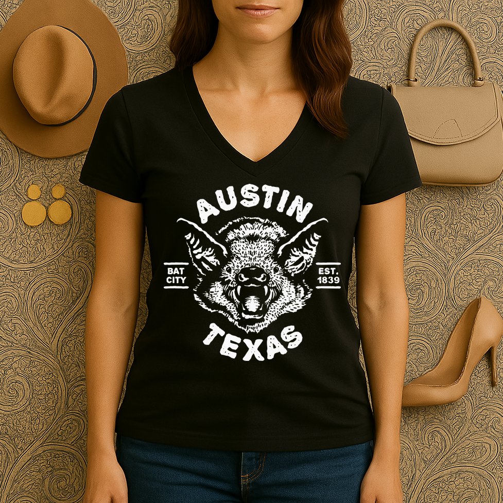 Austin Bat Bat City Texas Tx Est Established 1839 Design Women's V-Neck T-Shirt