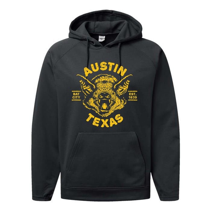 Austin Bat Bat City Texas Tx Est Established 1839 Design Performance Fleece Hoodie