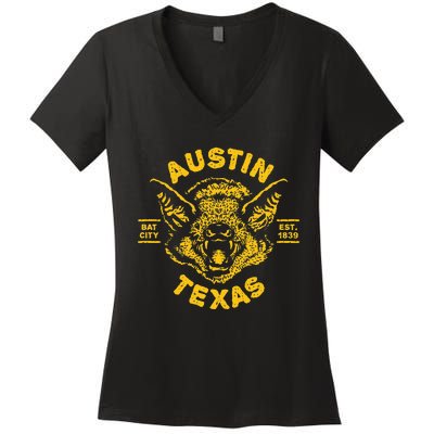 Austin Bat Bat City Texas Tx Est Established 1839 Design Women's V-Neck T-Shirt