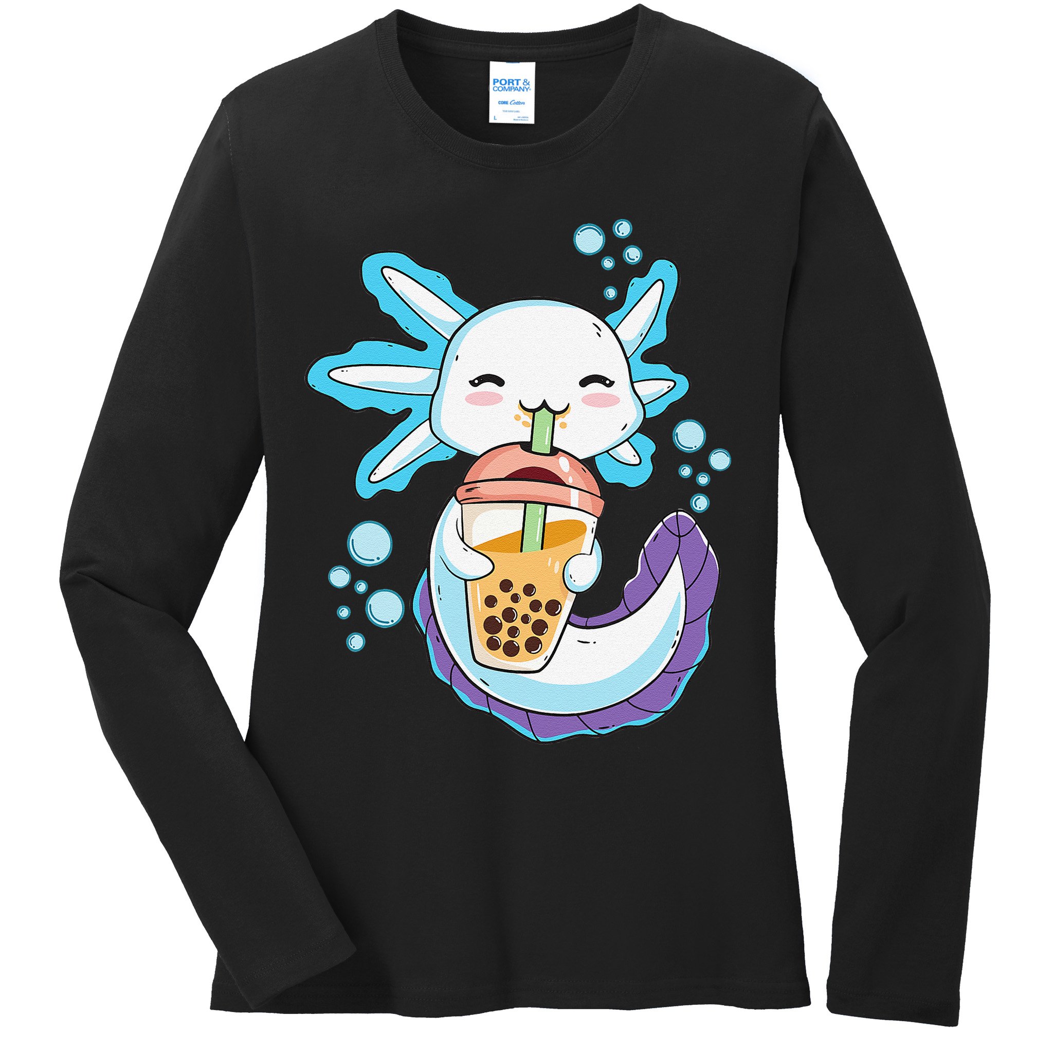 Axolotl Boba Bubble Tea Kawaii Anime Japanese  Teen   Ladies Long Sleeve Shirt