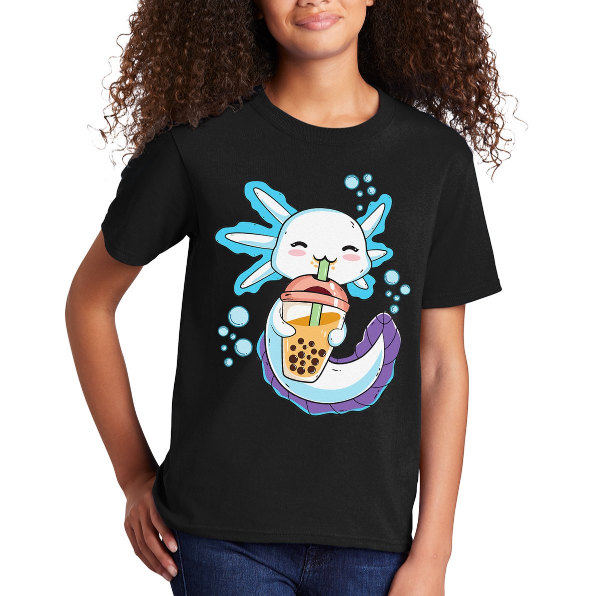 Axolotl Boba Bubble Tea Kawaii Anime Japanese  Teen   Kids T-Shirt