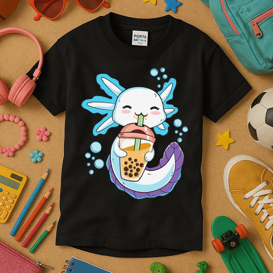 Axolotl Boba Bubble Tea Kawaii Anime Japanese  Teen   Kids T-Shirt