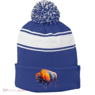 American Buffalo Cute Gift Buffalo Cute Gift American Bison Cute Gift Meaningful Stripe Pom Pom Beanie
