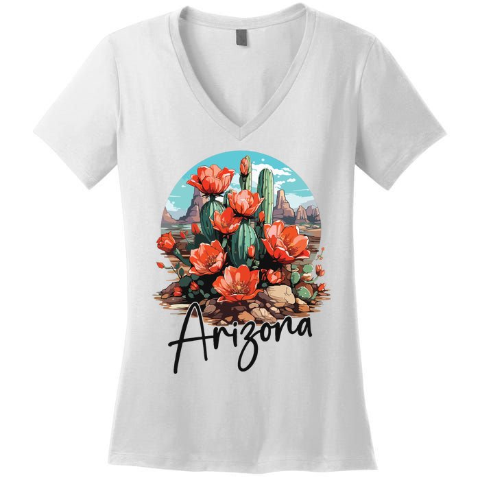 Arizona Blooming Cactus Flowers Love State Of Arizona Cute Women's V-Neck T-Shirt