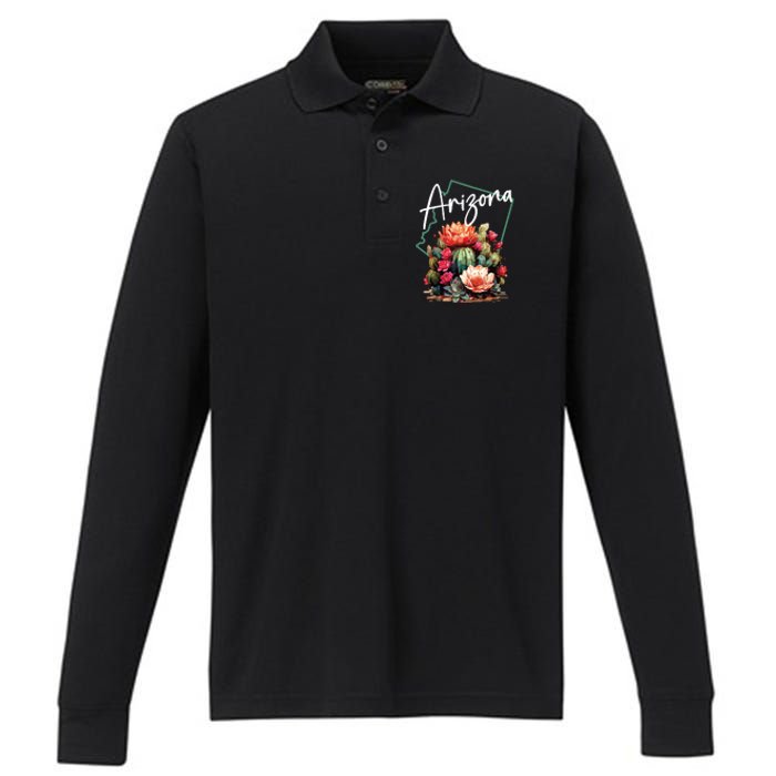 Arizona Blooming Cactus Flowers Love State Of Arizona Cute Performance Long Sleeve Polo