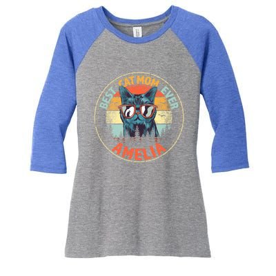 Amelia Best Cat Mom Ever Funny Custom Personalized Name Gift Women's Tri-Blend 3/4-Sleeve Raglan Shirt