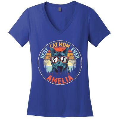 Amelia Best Cat Mom Ever Funny Custom Personalized Name Gift Women's V-Neck T-Shirt