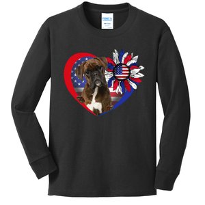 American Boxer Dog Heart 4th Of July USA Flag Patriotic Kids Long Sleeve Shirt