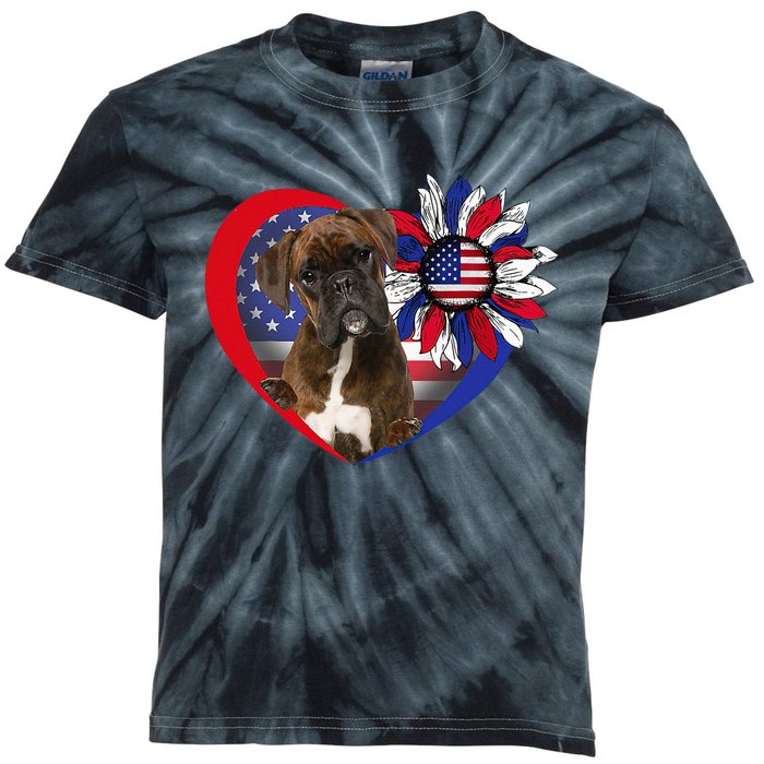 American Boxer Dog Heart 4th Of July USA Flag Patriotic Kids Tie-Dye T-Shirt