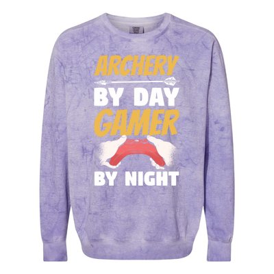 Archery By Day Gamer By Night Bow Hunting Archer Funny Gift Colorblast Crewneck Sweatshirt