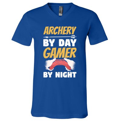 Archery By Day Gamer By Night Bow Hunting Archer Funny Gift V-Neck T-Shirt