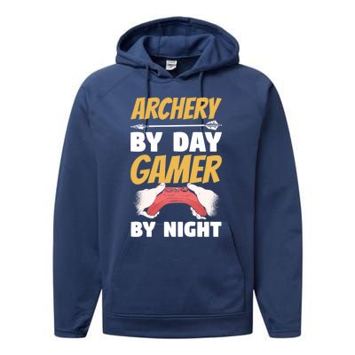 Archery By Day Gamer By Night Bow Hunting Archer Funny Gift Performance Fleece Hoodie