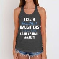 A Beautiful Daughter Also Have A Gun Shovel Alibi Women's Knotted Racerback Tank