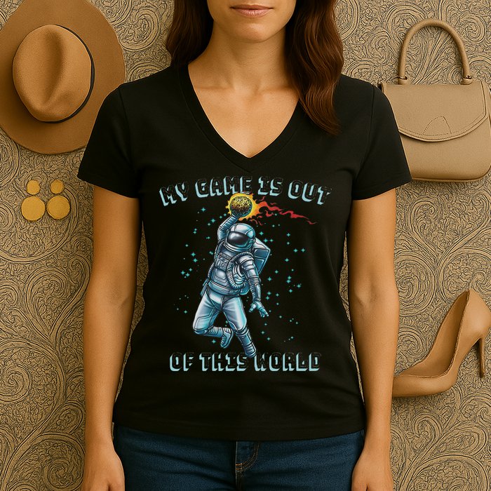 Astronaut Basketball Dunk Outer Space Game Out Of This World Women's V-Neck T-Shirt