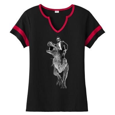 Abe Lincoln Riding A Dinosaur Ladies Halftime Notch Neck Tee