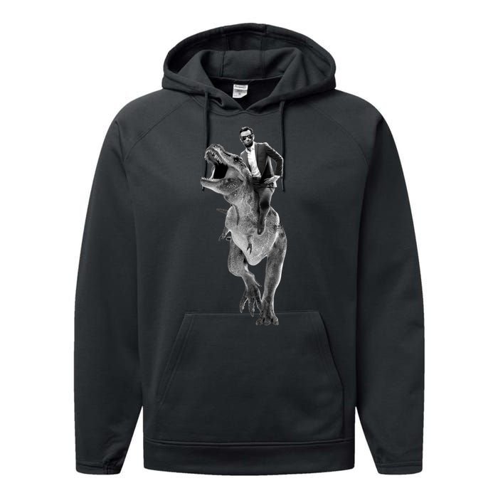 Abe Lincoln Riding A Dinosaur Performance Fleece Hoodie