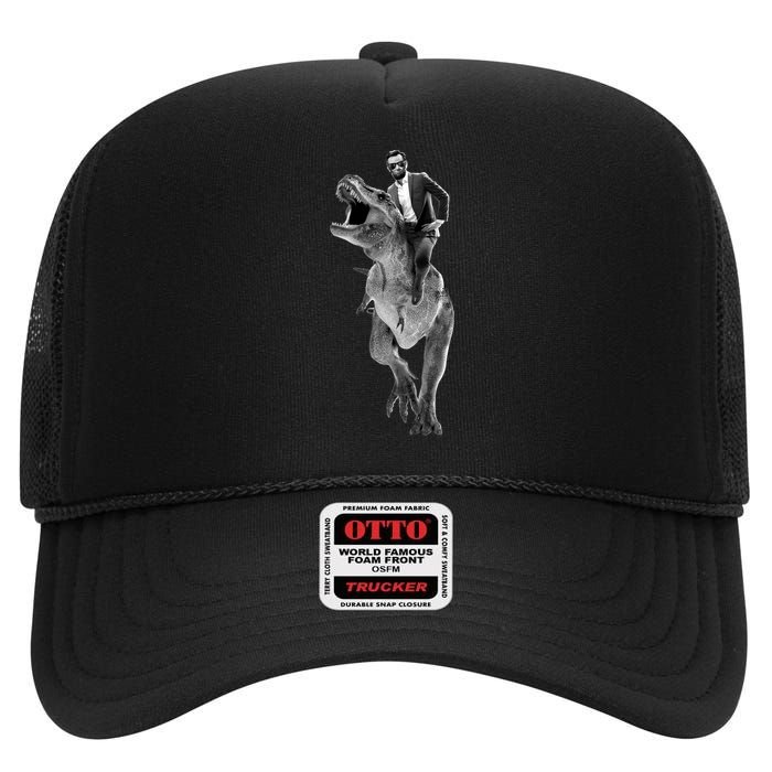 Abe Lincoln Riding A Dinosaur High Crown Mesh Back Trucker Hat