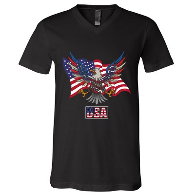 American Bald Eagle Usa Flag V-Neck T-Shirt